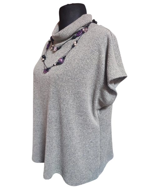 Sweterek Kimono damski z golfem - dzianina szary prążek